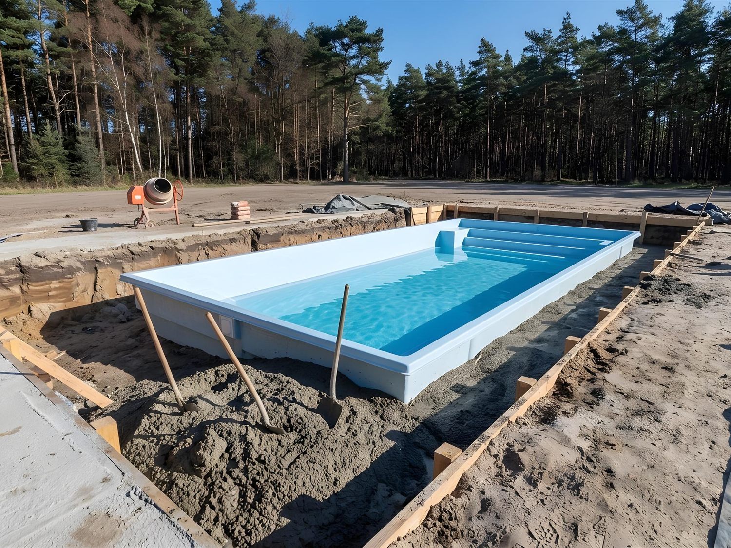 Hinterfüllung eines teilweise mit Wasser gefüllten GFK-Pools mit Magerbeton