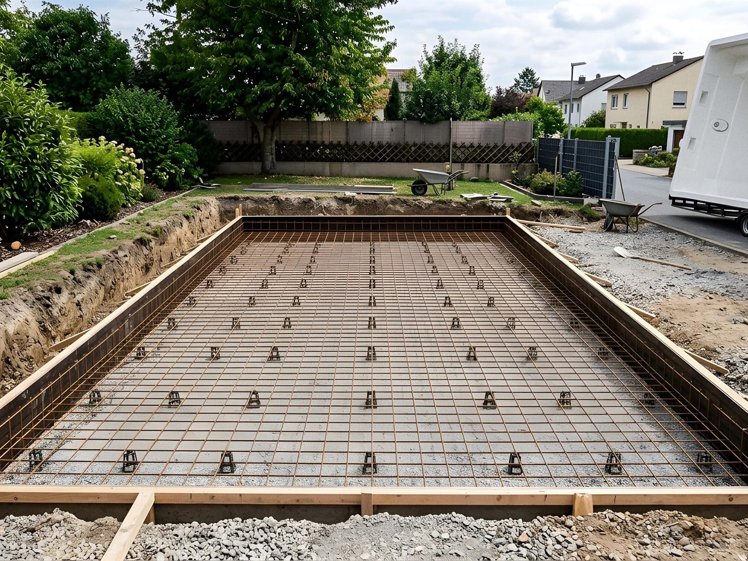 Bewehrung der Stahlbetonbodenplatte für einen GFK-Pool in der Baugrube